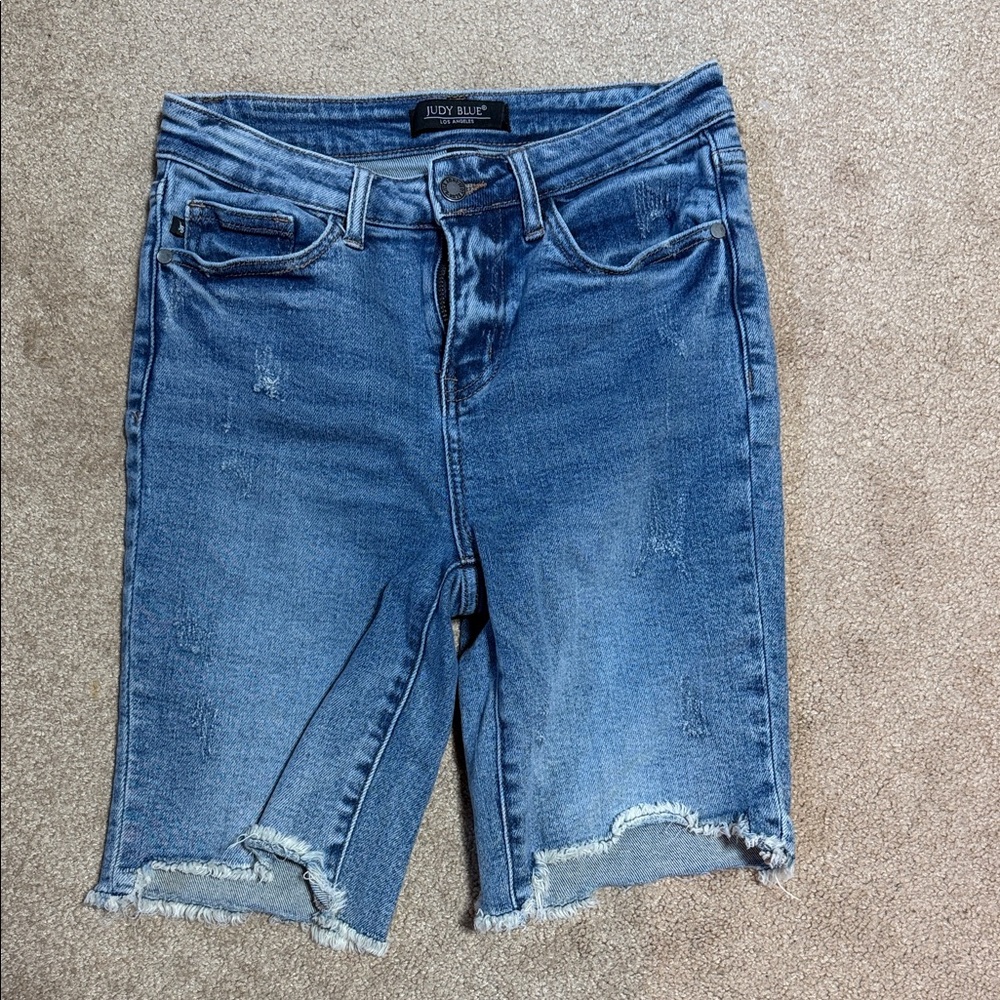 Judy Blue Mid-Rise Distressed Cropped Denim Shorts - Blue